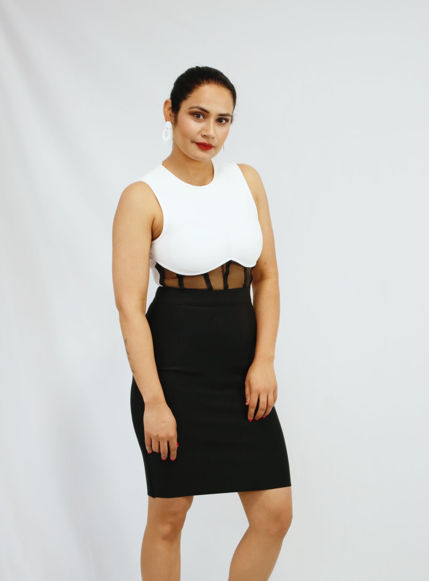 Body con Knee length Black and White Dress