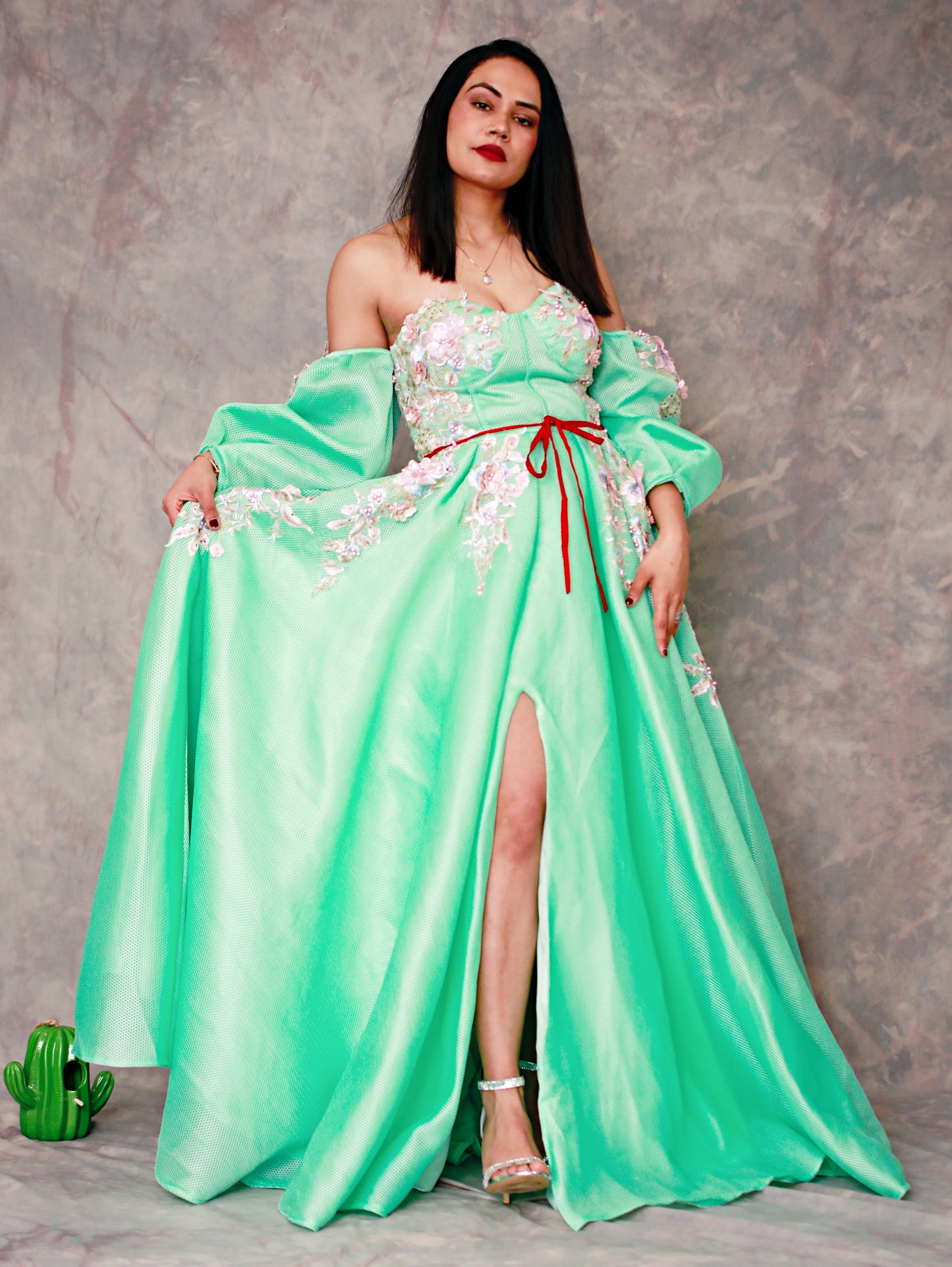 Embroidered frilled arm Long Dress